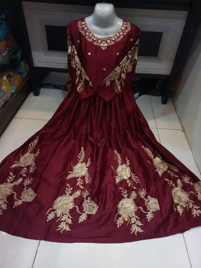 Embroidered Raw Silk Maxi Dress- 1 Pc Women's Stitched Elegance In Maroon